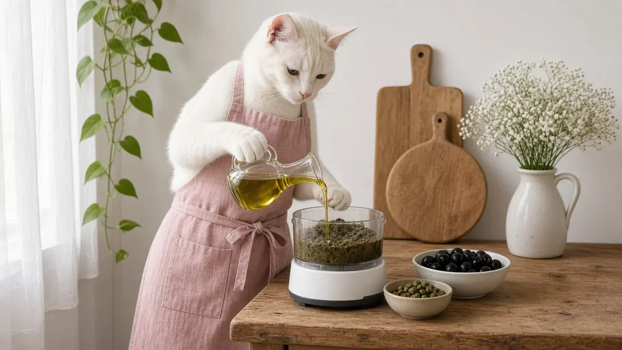 A cream-coloured cat in a pink apron, cooking this dish