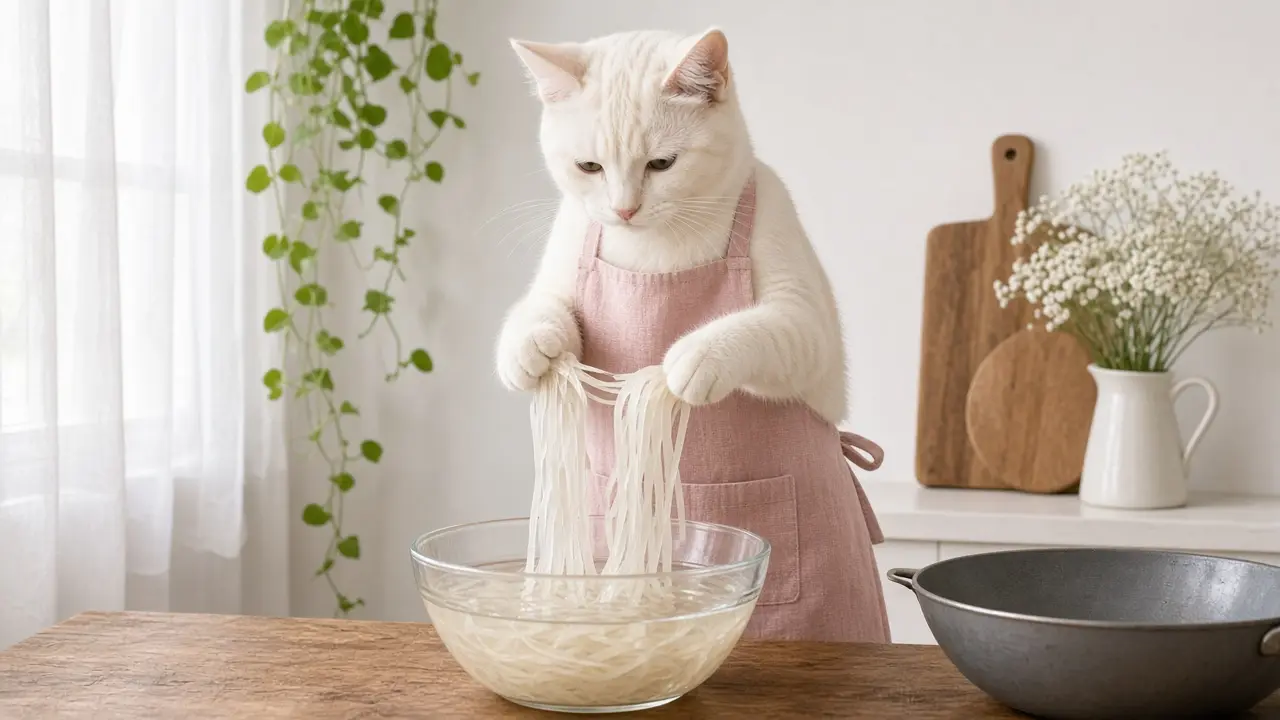 A cream-coloured cat in a pink apron, cooking this dish