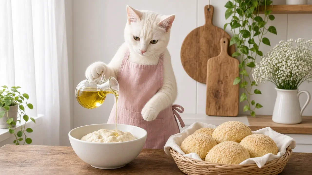 A cream-coloured cat in a pink apron, cooking this dish