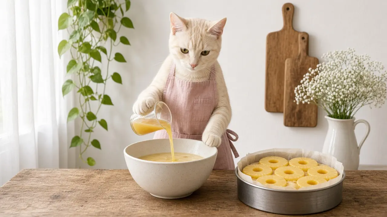 A cream-coloured cat in a pink apron, cooking this dish