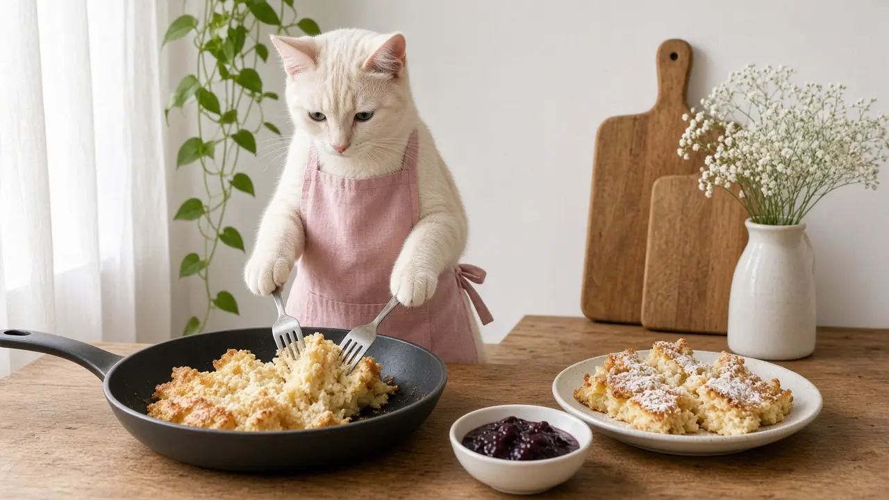 A cream-coloured cat in a pink apron, cooking this dish