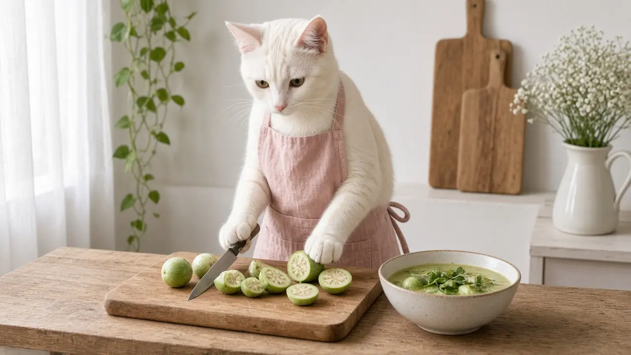 A cream-coloured cat in a pink apron, cooking this dish