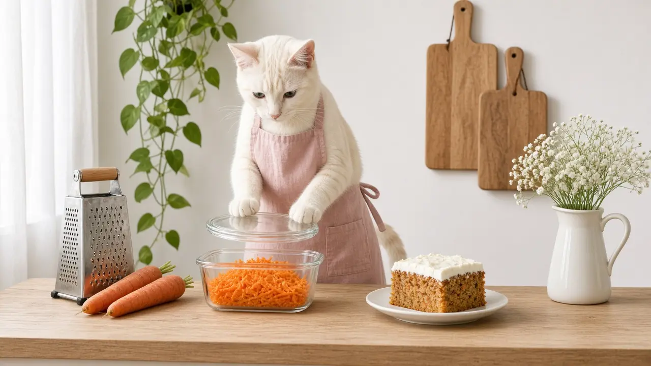 A cream-coloured cat in a pink apron, cooking this dish