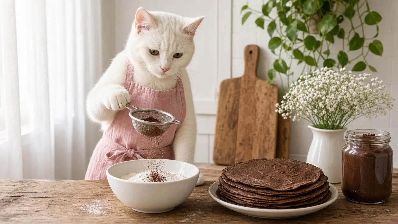 A cream-coloured cat in a pink apron, cooking this dish