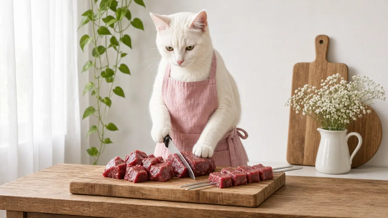 A cream-coloured cat in a pink apron, cooking this dish
