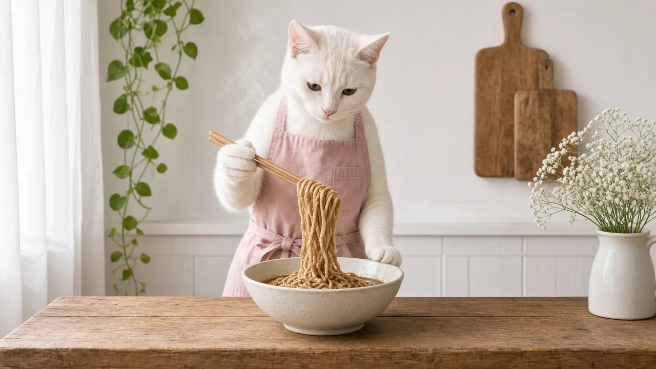 A cream-coloured cat in a pink apron, cooking this dish
