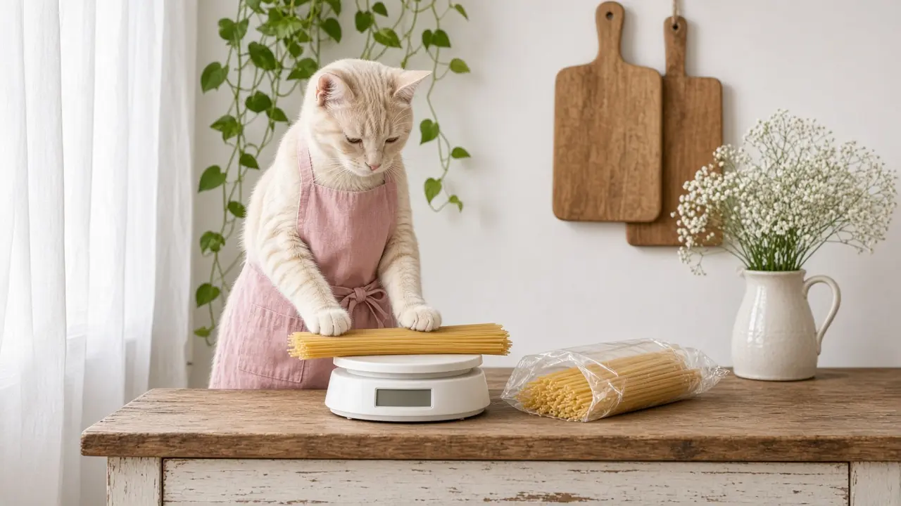 A cream-coloured cat in a pink apron, cooking this dish