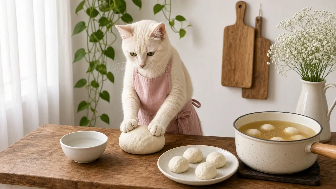 A cream-coloured cat in a pink apron, cooking this dish