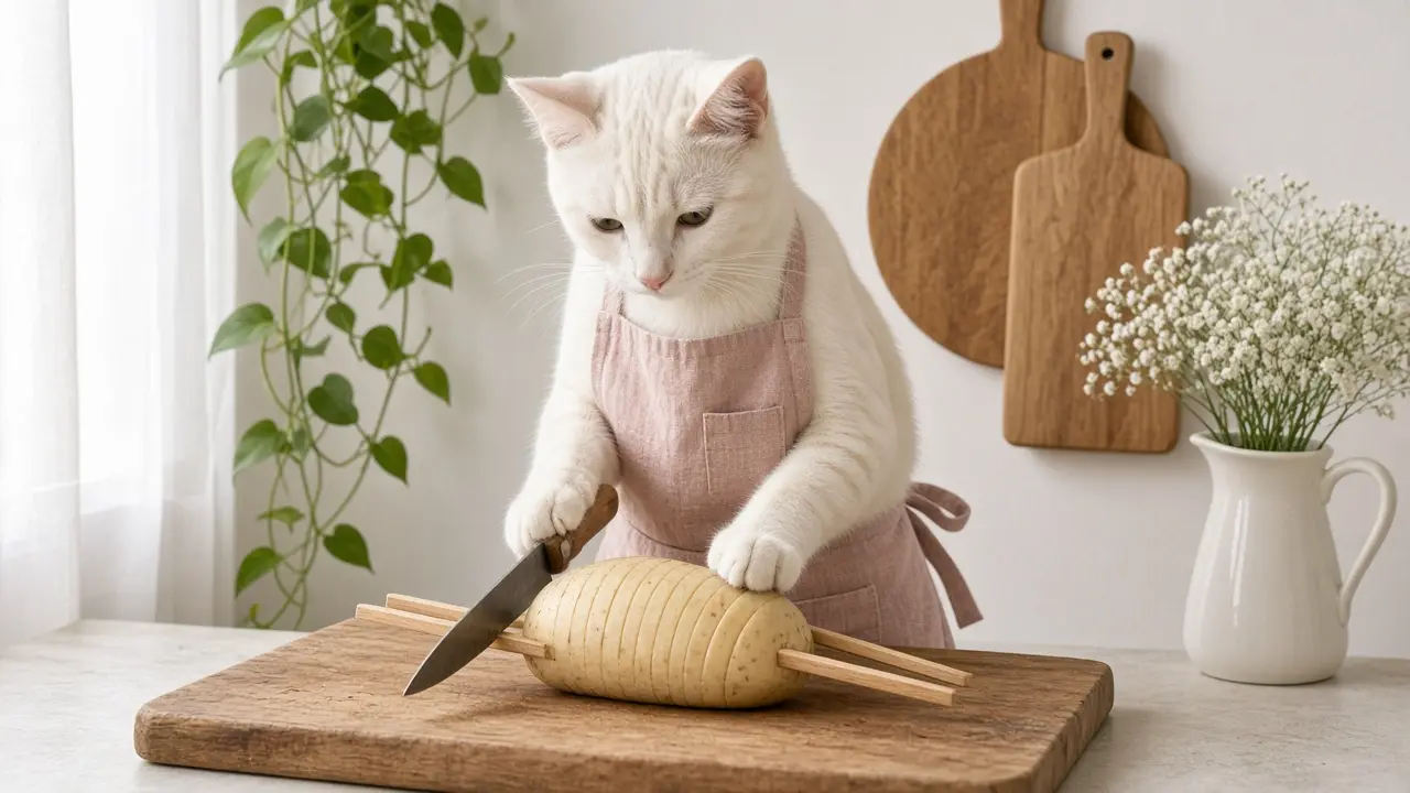 A cream-coloured cat in a pink apron, cooking this dish