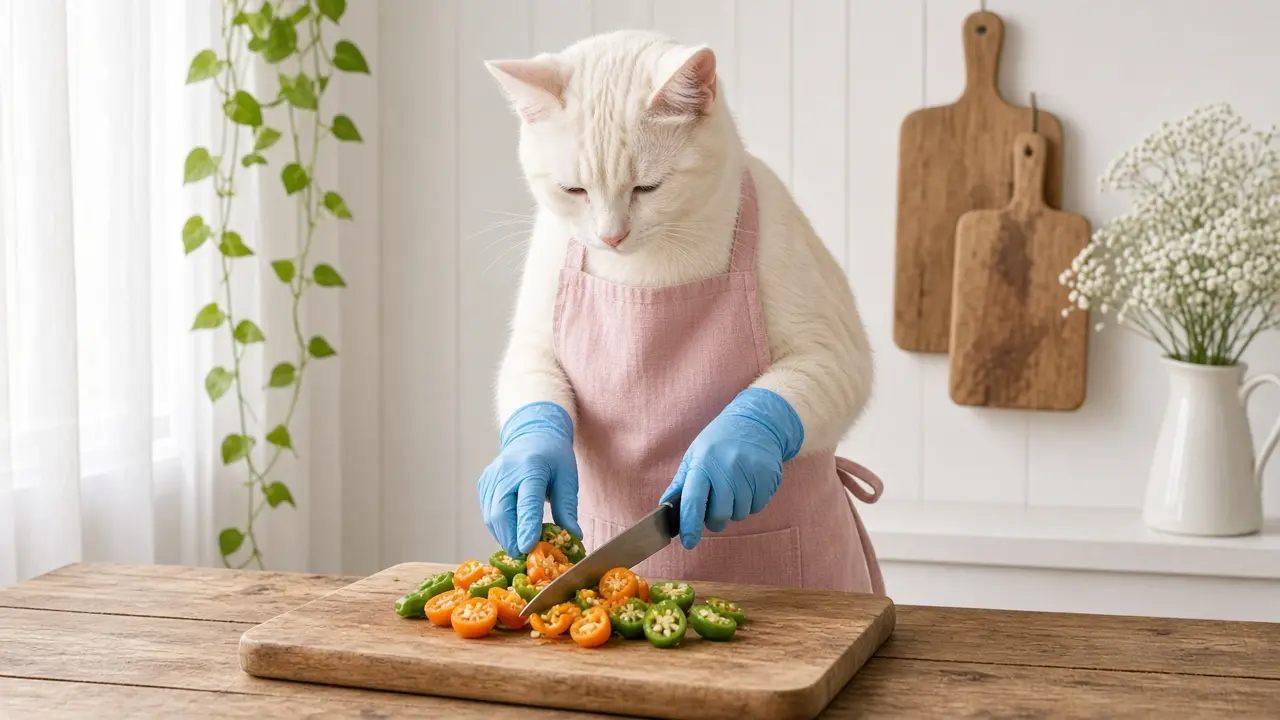 A cream-coloured cat in a pink apron, cooking this dish