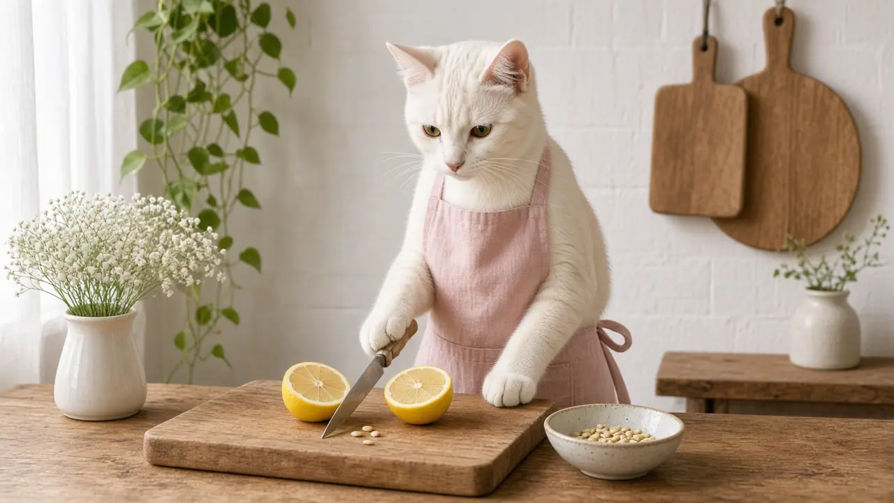 A cream-coloured cat in a pink apron, cooking this dish