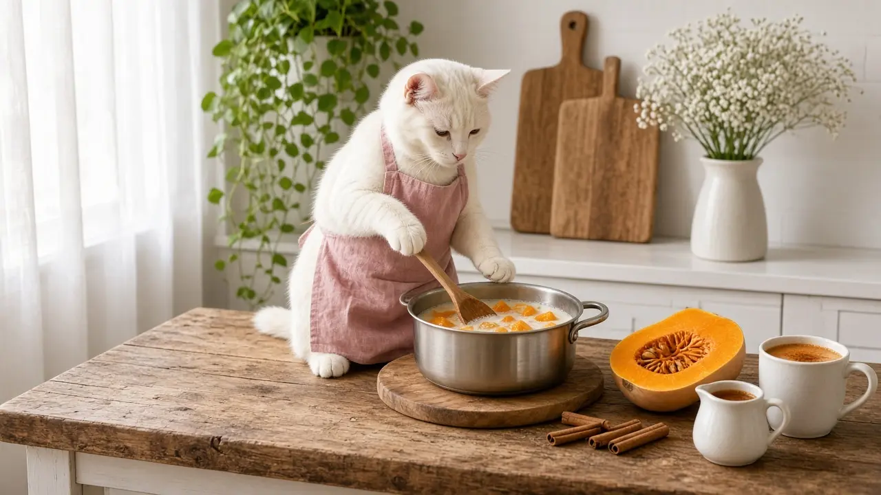 A cream-coloured cat in a pink apron, cooking this dish