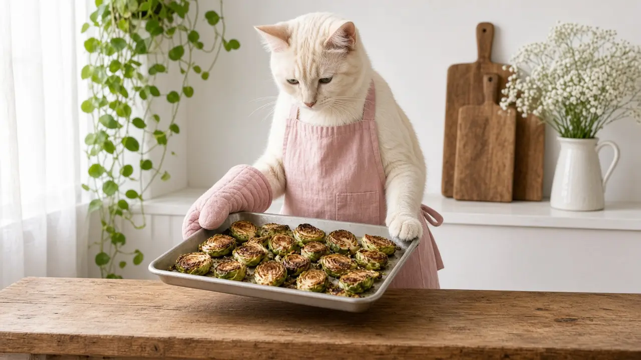 A cream-coloured cat in a pink apron, cooking this dish
