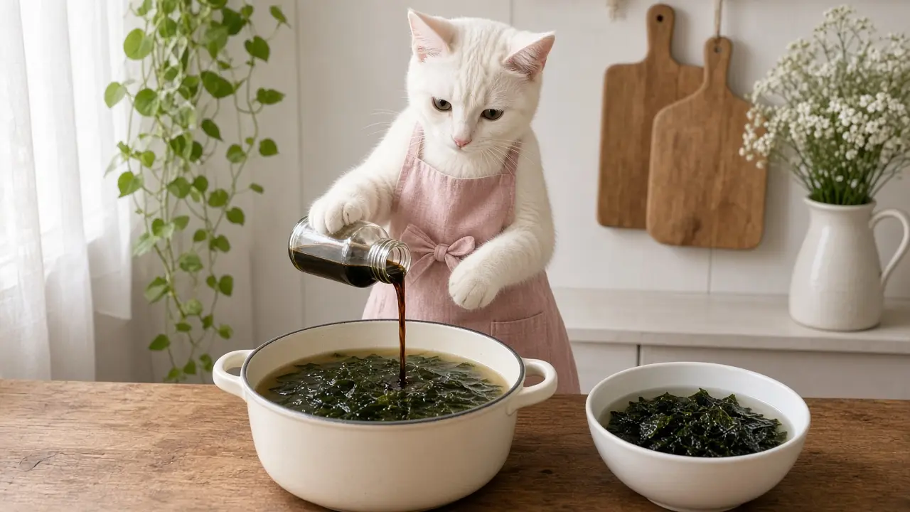 A cream-coloured cat in a pink apron, cooking this dish
