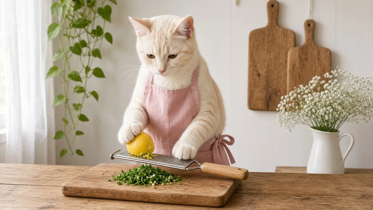 A cream-coloured cat in a pink apron, cooking this dish