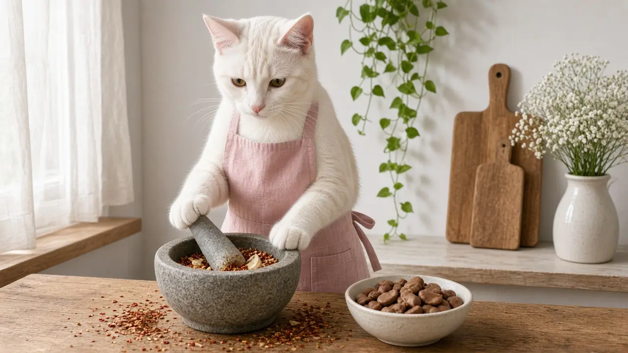 A cream-coloured cat in a pink apron, cooking this dish