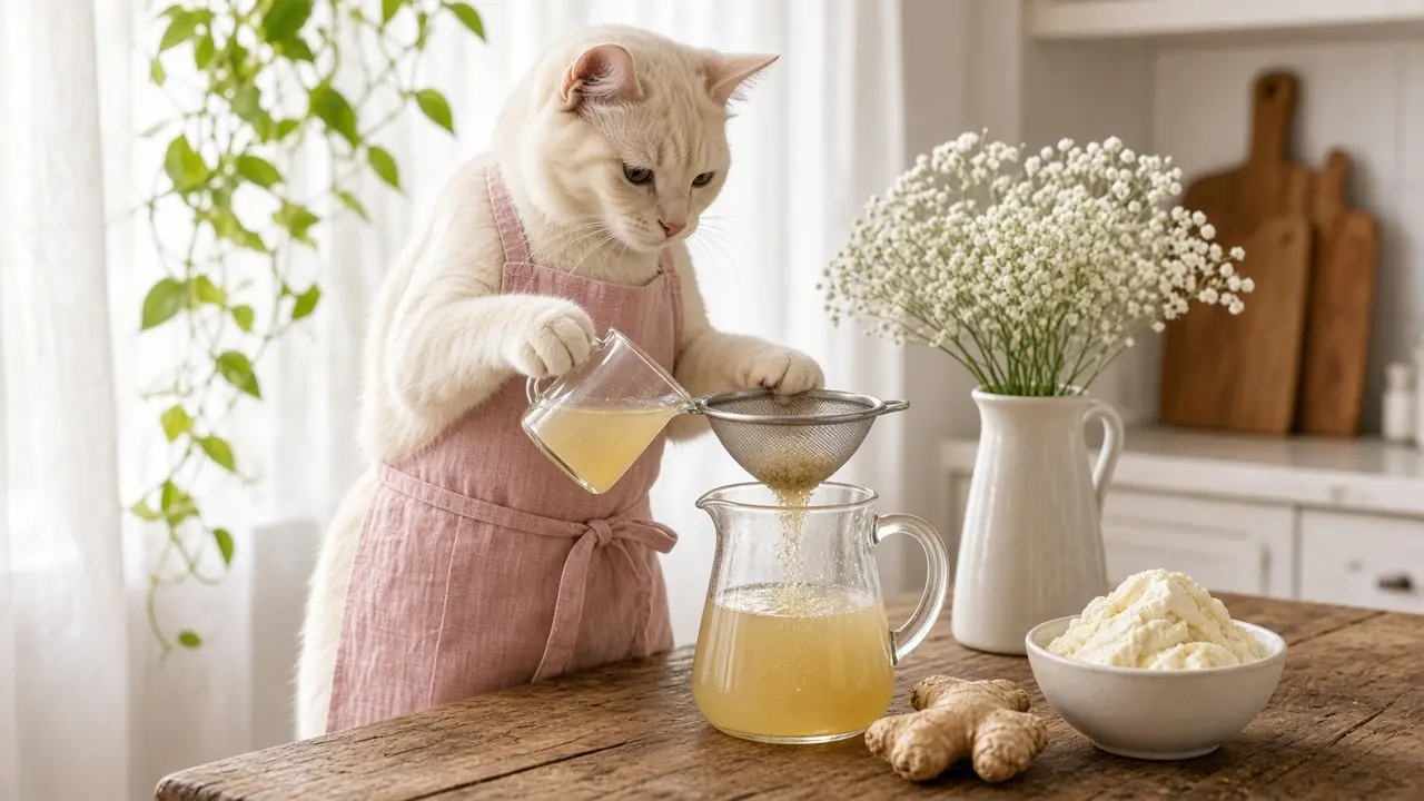 A cream-coloured cat in a pink apron, cooking this dish