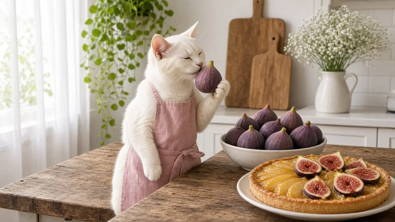 A cream-coloured cat in a pink apron, cooking this dish