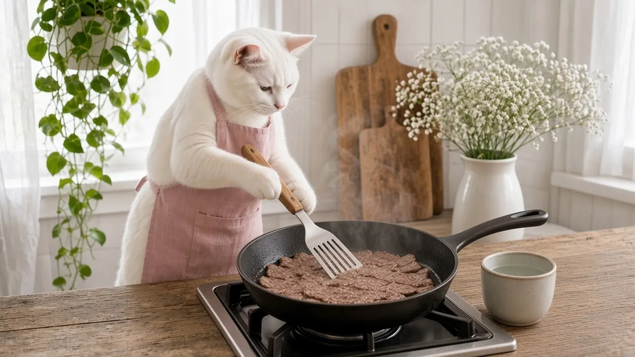 A cream-coloured cat in a pink apron, cooking this dish