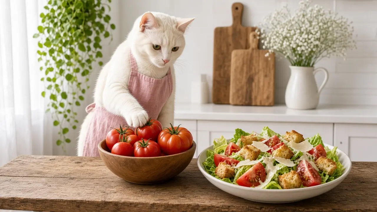 A cream-coloured cat in a pink apron, cooking this dish