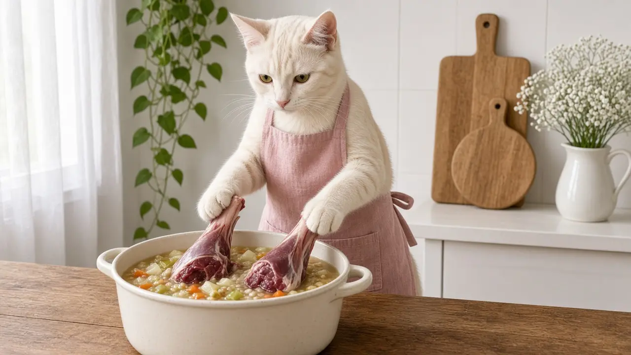 A cream-coloured cat in a pink apron, cooking this dish