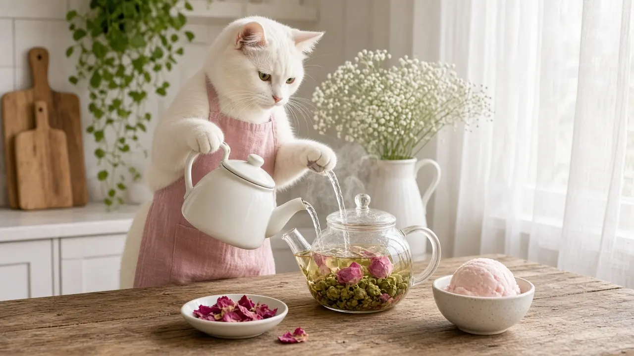 A cream-coloured cat in a pink apron, cooking this dish