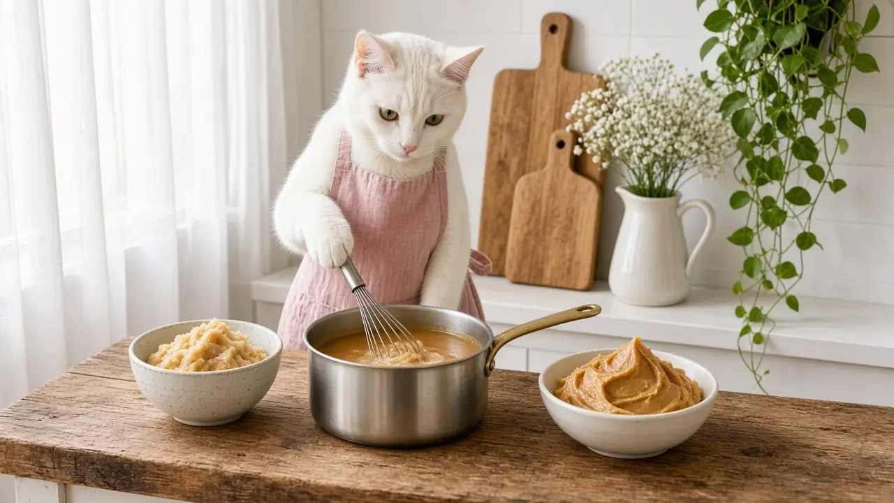 A cream-coloured cat in a pink apron, cooking this dish