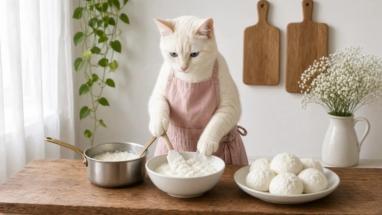 A cream-coloured cat in a pink apron, cooking this dish
