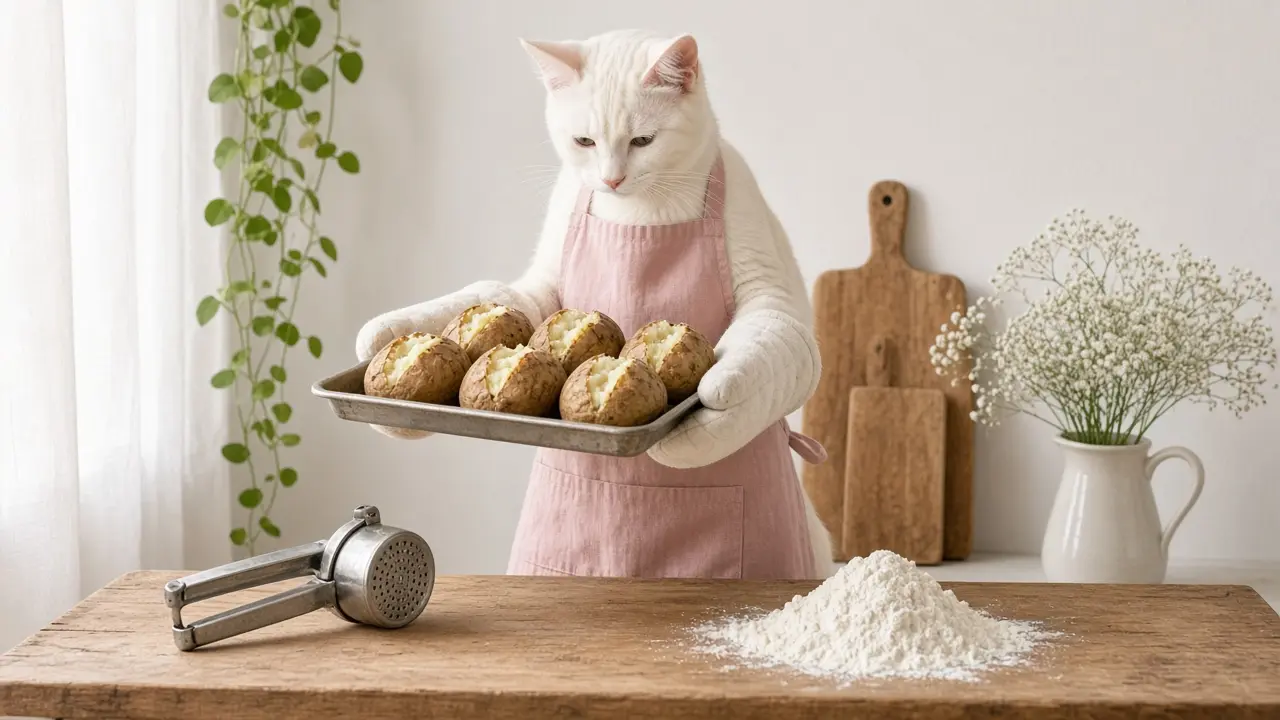 A cream-coloured cat in a pink apron, cooking this dish