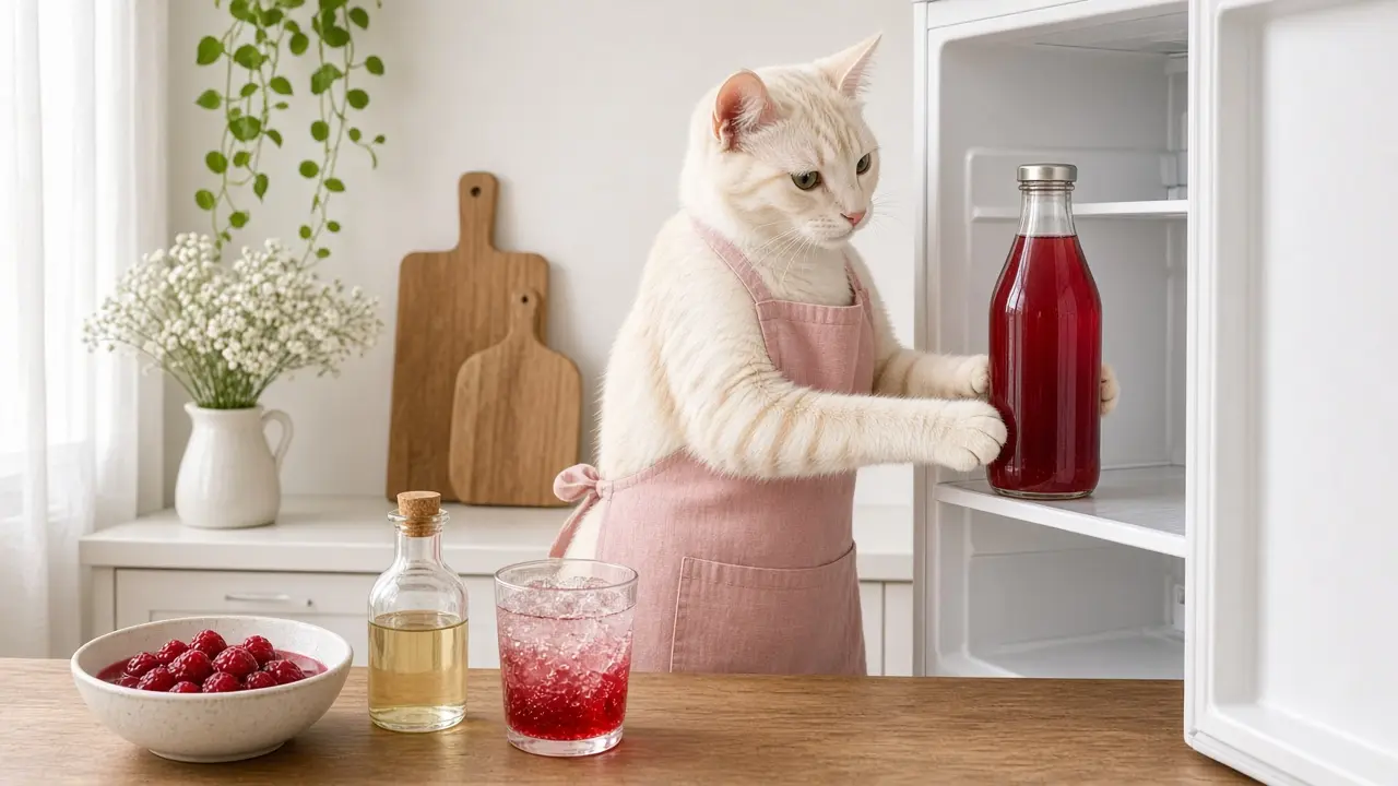 A cream-coloured cat in a pink apron, cooking this dish