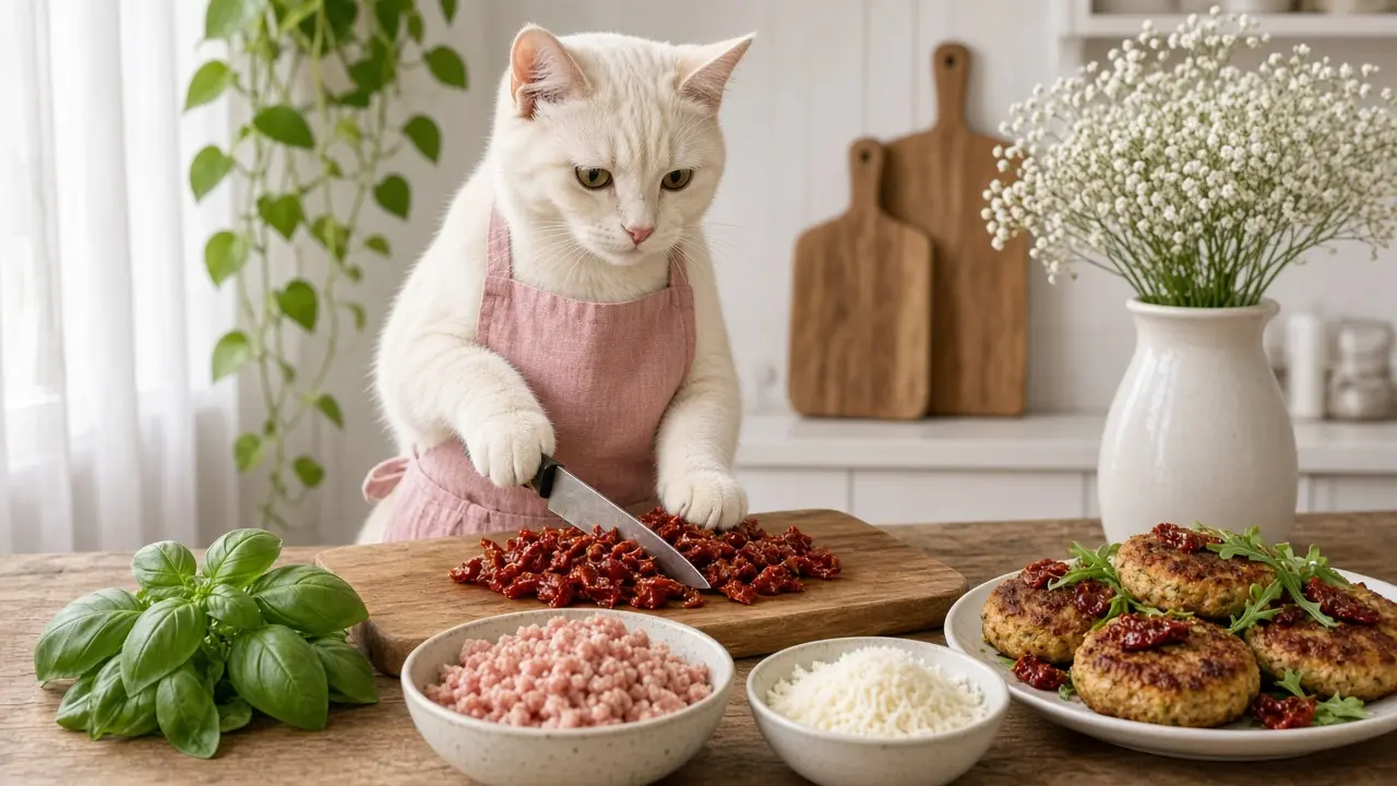 A cream-coloured cat in a pink apron, cooking this dish