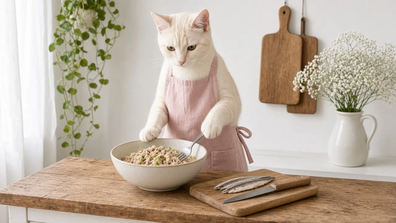 A cream-coloured cat in a pink apron, cooking this dish