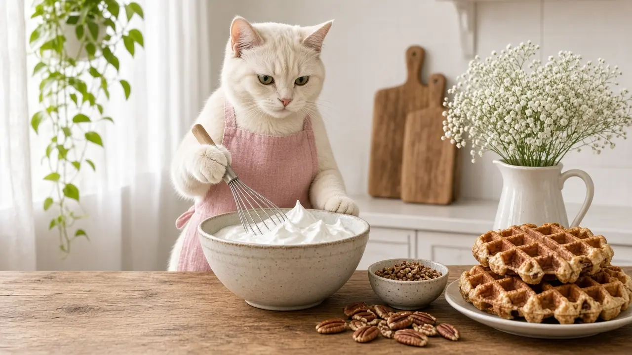 A cream-coloured cat in a pink apron, cooking this dish