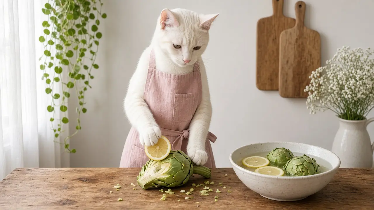 A cream-coloured cat in a pink apron, cooking this dish