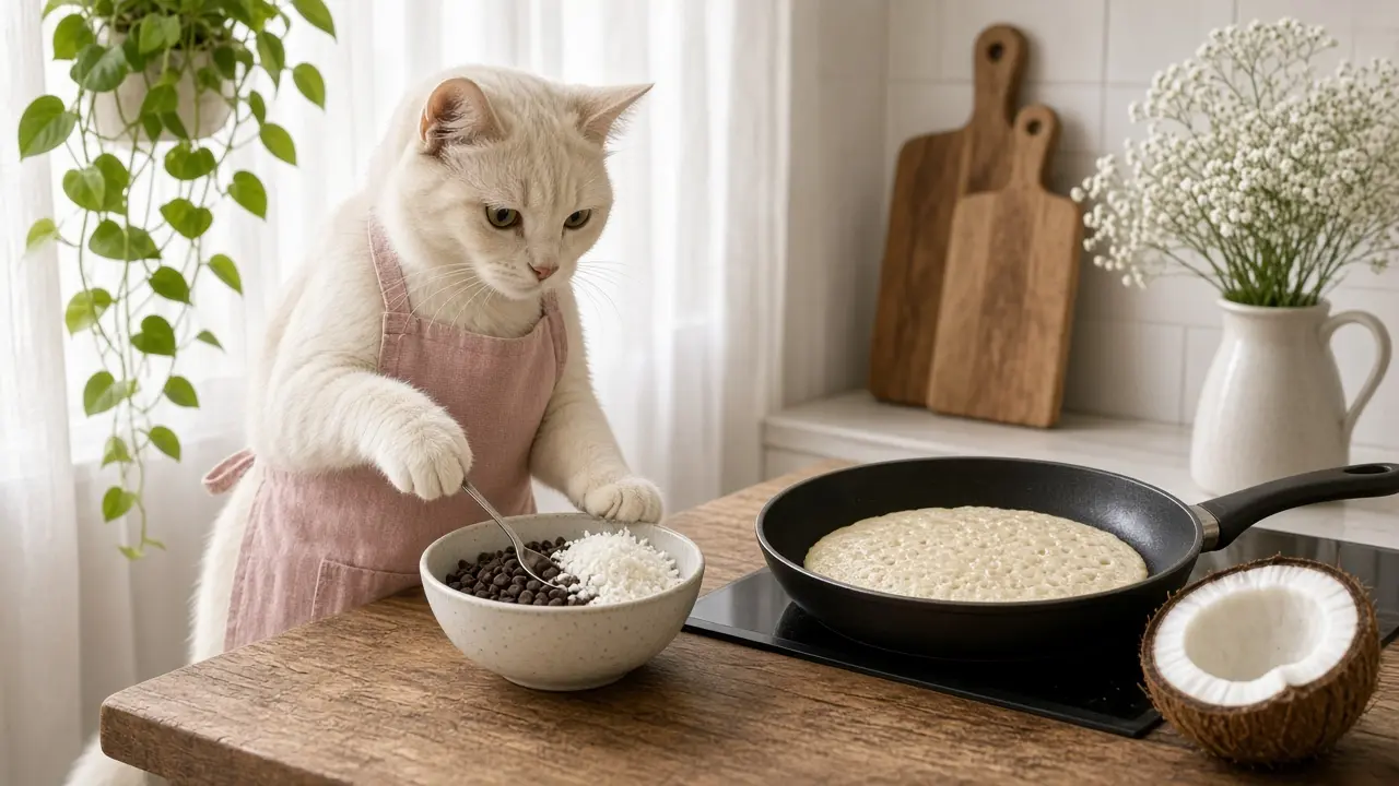 A cream-coloured cat in a pink apron, cooking this dish