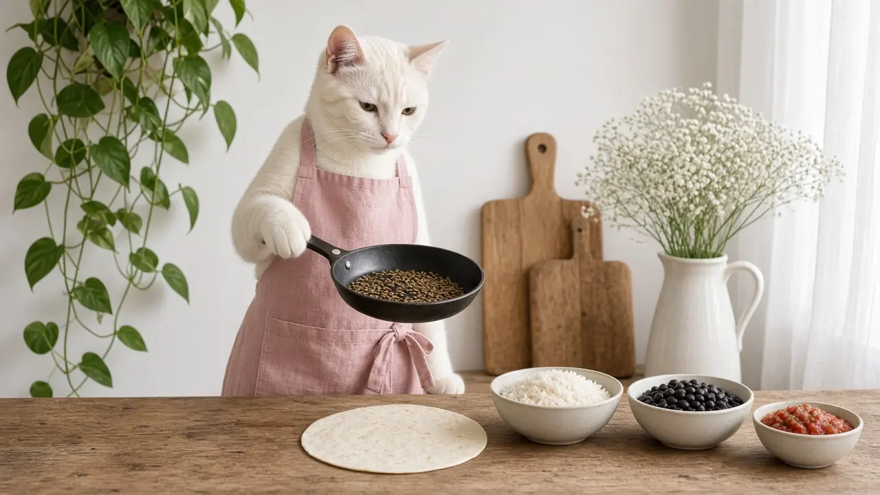 A cream-coloured cat in a pink apron, cooking this dish
