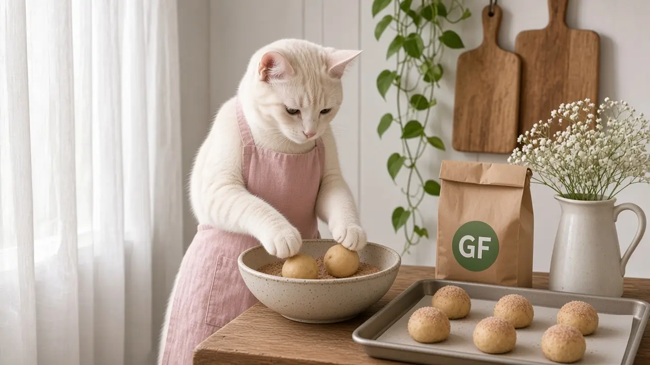 A cream-coloured cat in a pink apron, cooking this dish