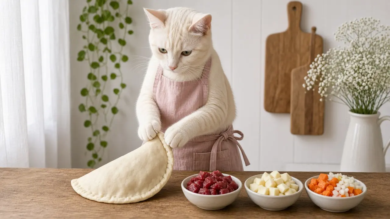 A cream-coloured cat in a pink apron, cooking this dish