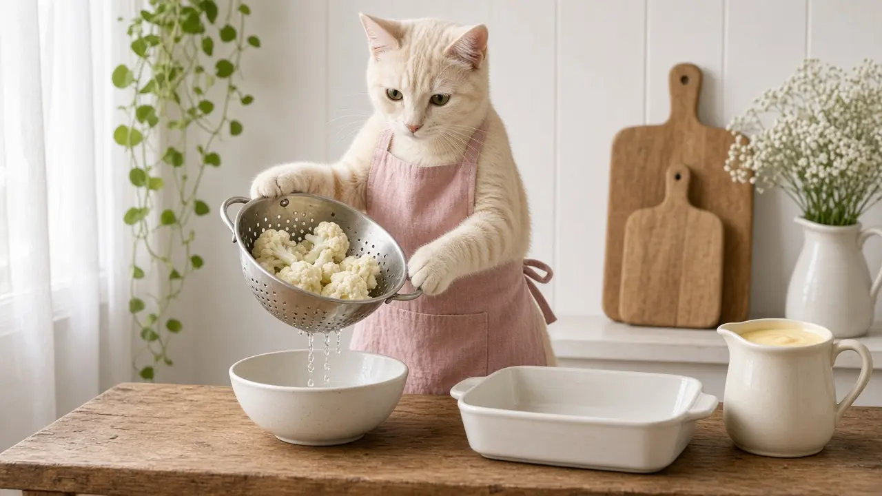 A cream-coloured cat in a pink apron, cooking this dish