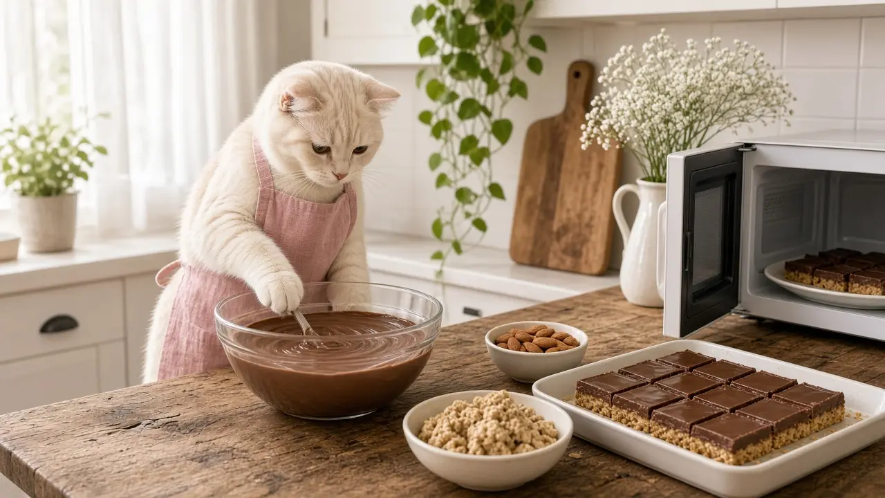 A cream-coloured cat in a pink apron, cooking this dish