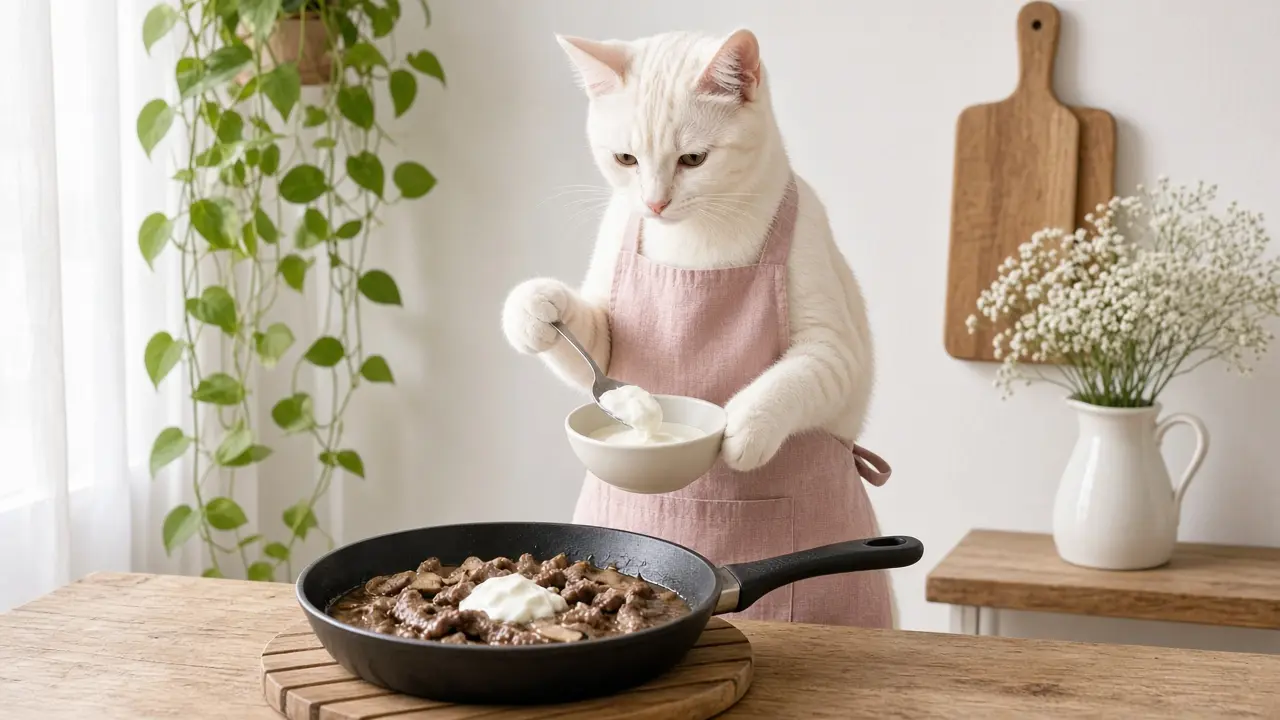 A cream-coloured cat in a pink apron, cooking this dish