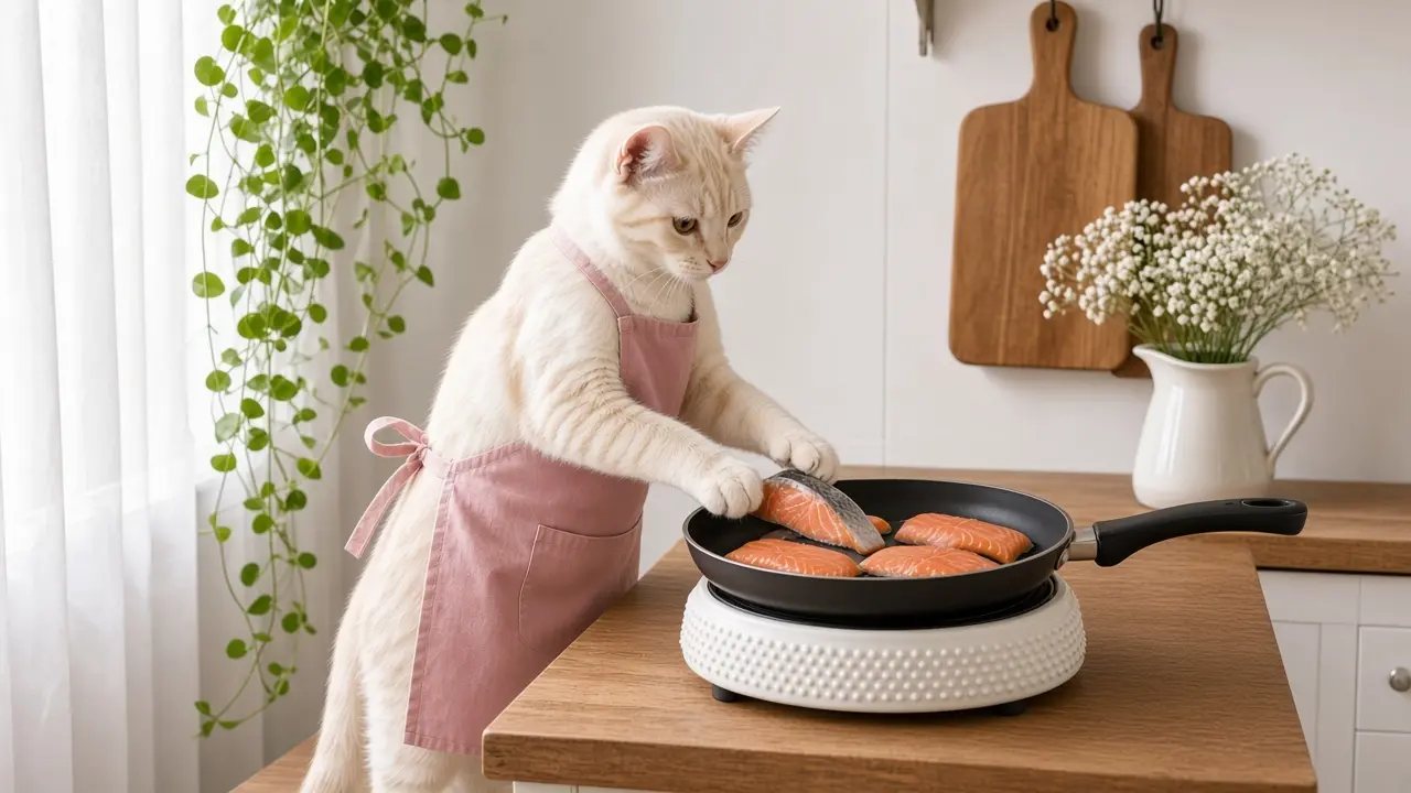 A cream-coloured cat in a pink apron, cooking this dish