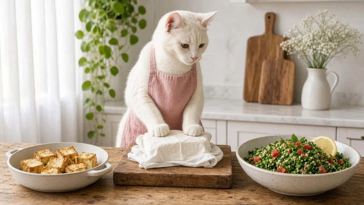 A cream-coloured cat in a pink apron, cooking this dish