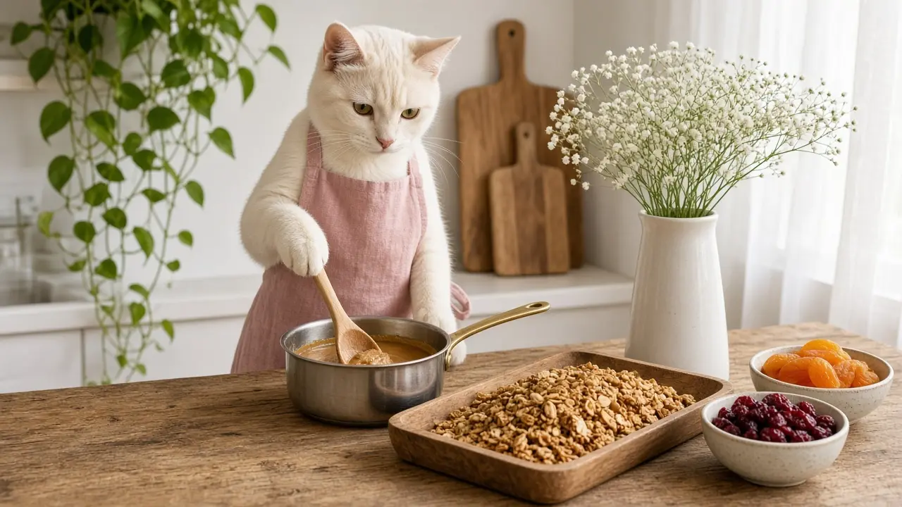 A cream-coloured cat in a pink apron, cooking this dish