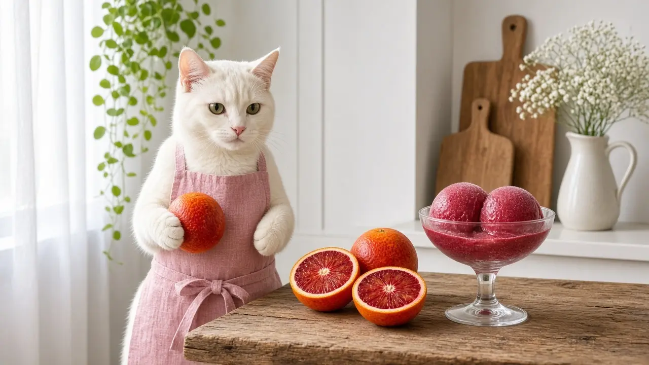 A cream-coloured cat in a pink apron, cooking this dish