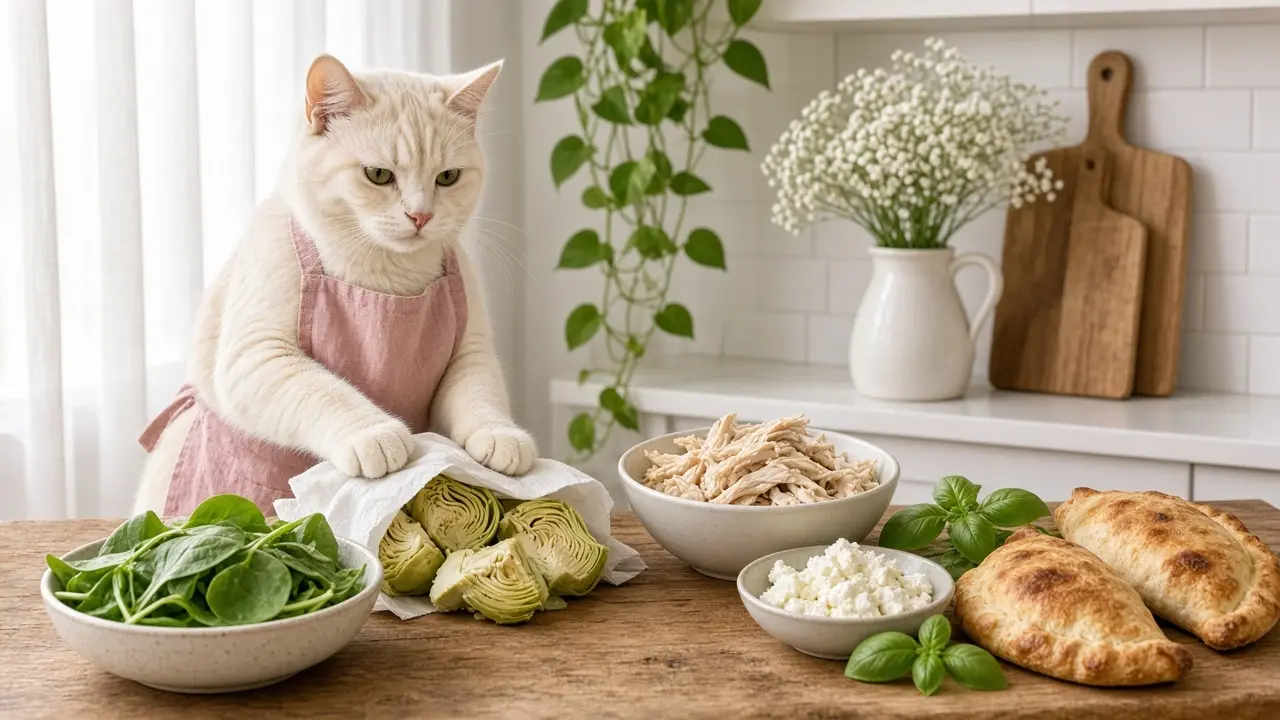 A cream-coloured cat in a pink apron, cooking this dish
