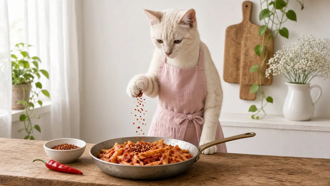 A cream-coloured cat in a pink apron, cooking this dish