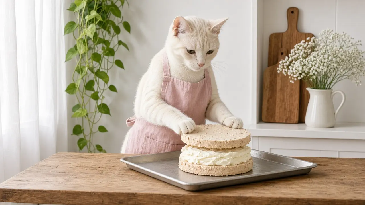 A cream-coloured cat in a pink apron, cooking this dish