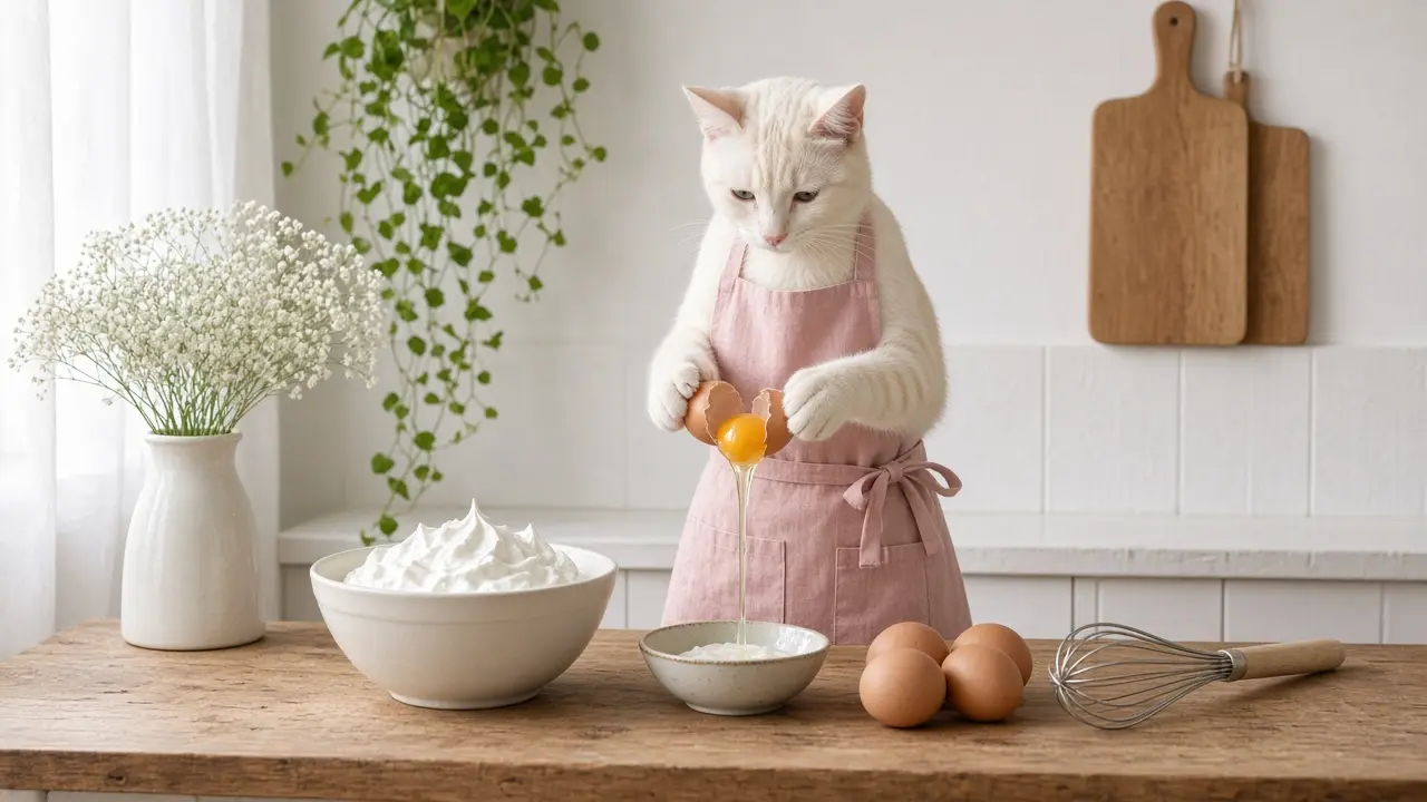A cream-coloured cat in a pink apron, cooking this dish