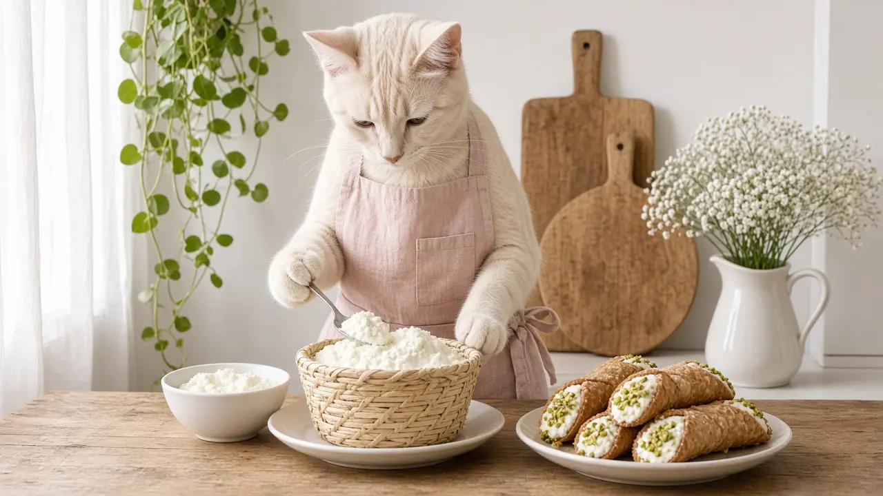 A cream-coloured cat in a pink apron, cooking this dish